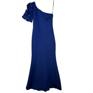 Badgley Mischka Dress 8 Blue One Shoulder Ruffle Trimmed Scuba Gown Formal